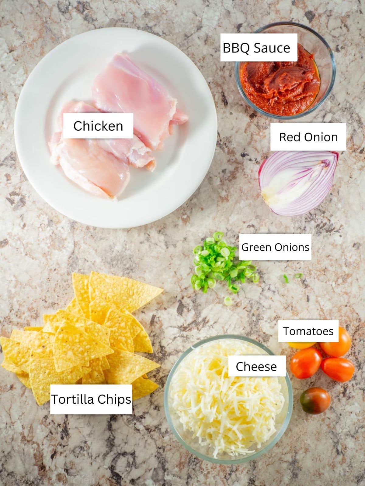 Ingredients for BBQ chicken nachos.