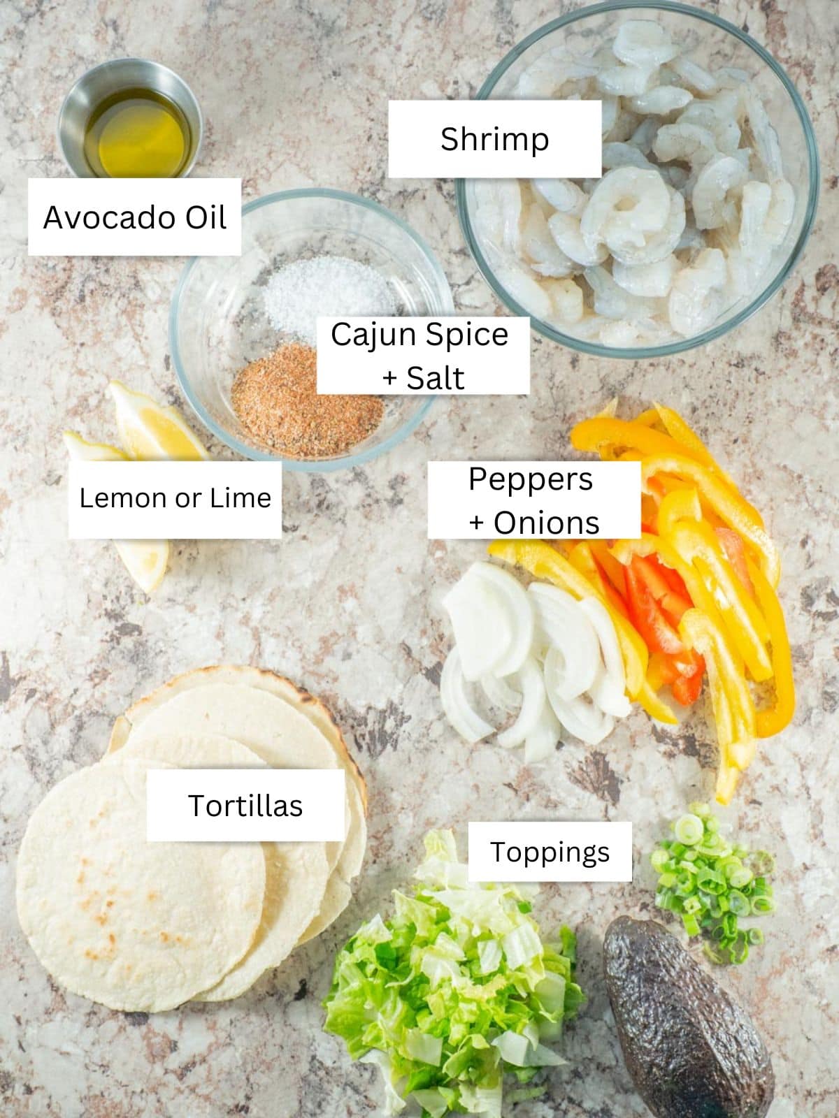 Ingredients for Cajun shrimp tacos.