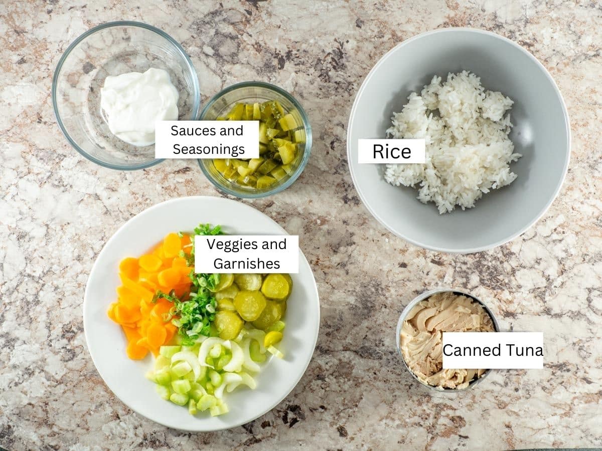 Ingredients for canned tuna and rice bowls.