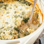 Casserole dish with a spoon.