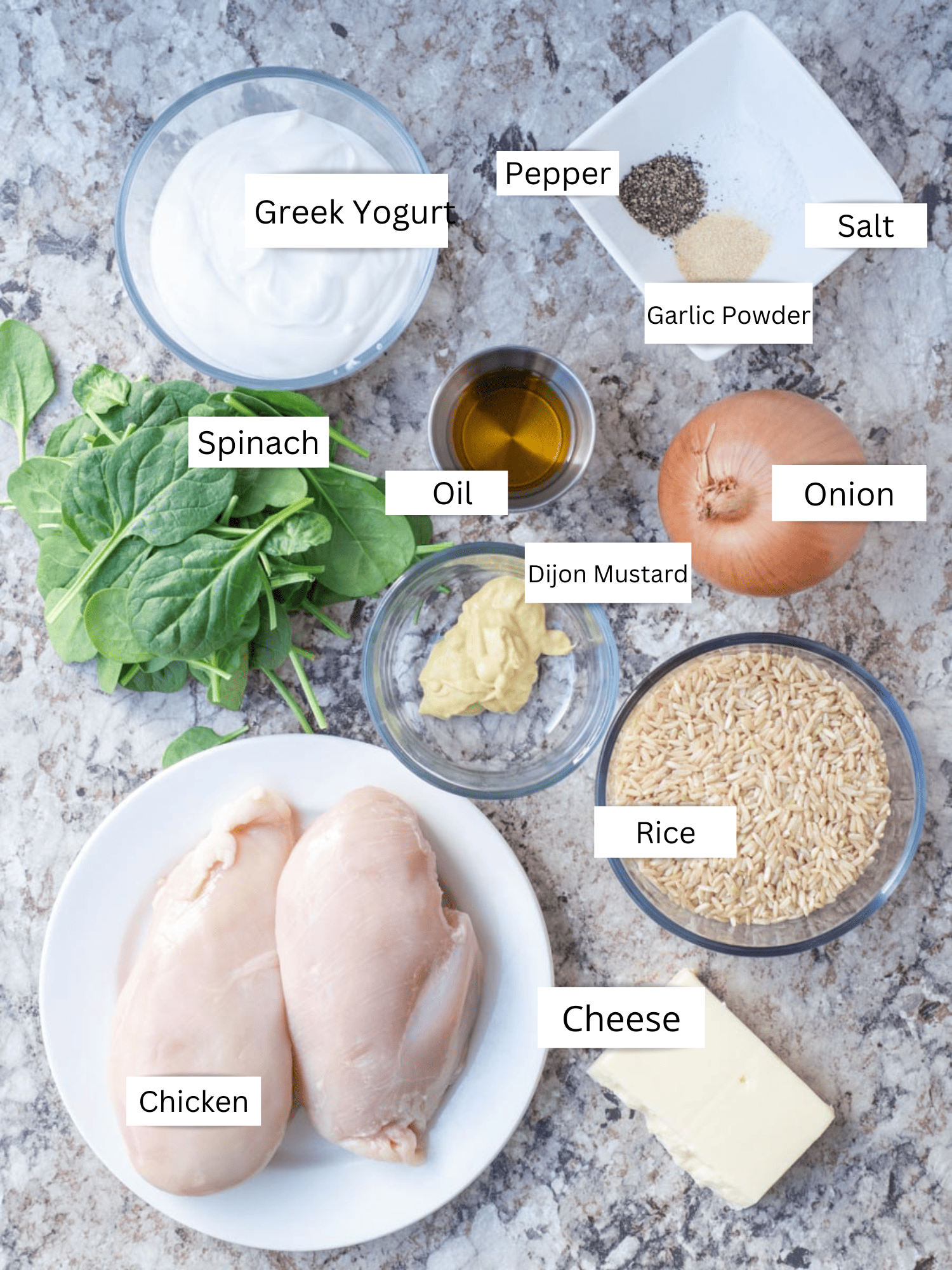 Ingredients for chicken spinach and rice casserole.