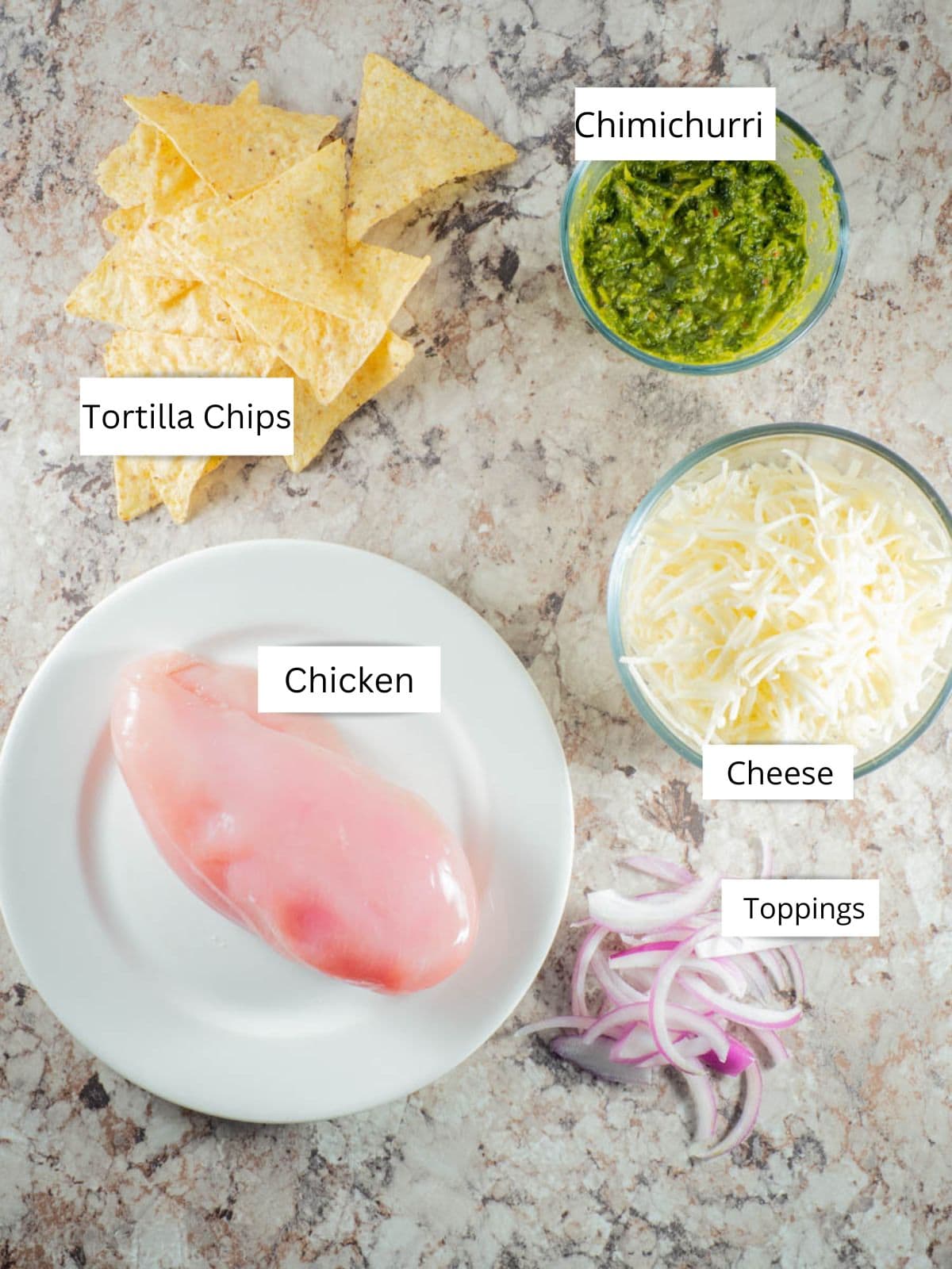 Ingredients for Chimichurri Chicken Nachos.