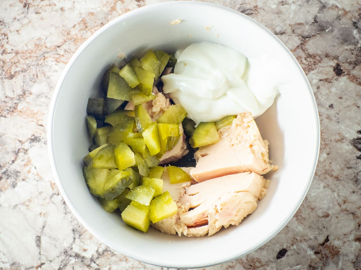 Canned tuna mixed with pickles and Greek yogurt.