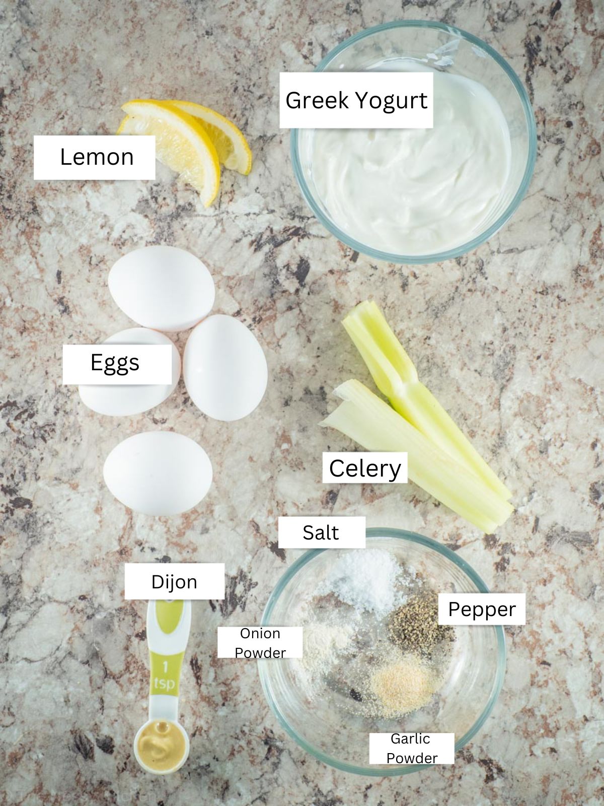 Ingredients for Greek yogurt egg salad.