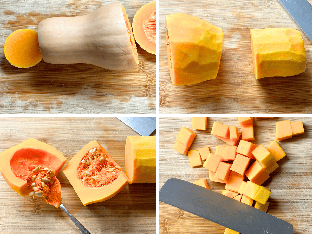 Collage showing the steps of cutting a butternut squash.