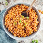 Baked beans in a bowl topped with green onions.