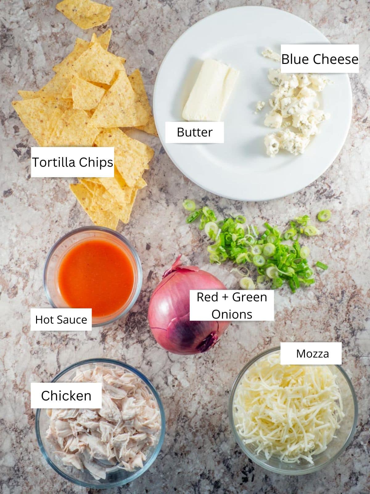 Ingredients for Buffalo chicken nachos.