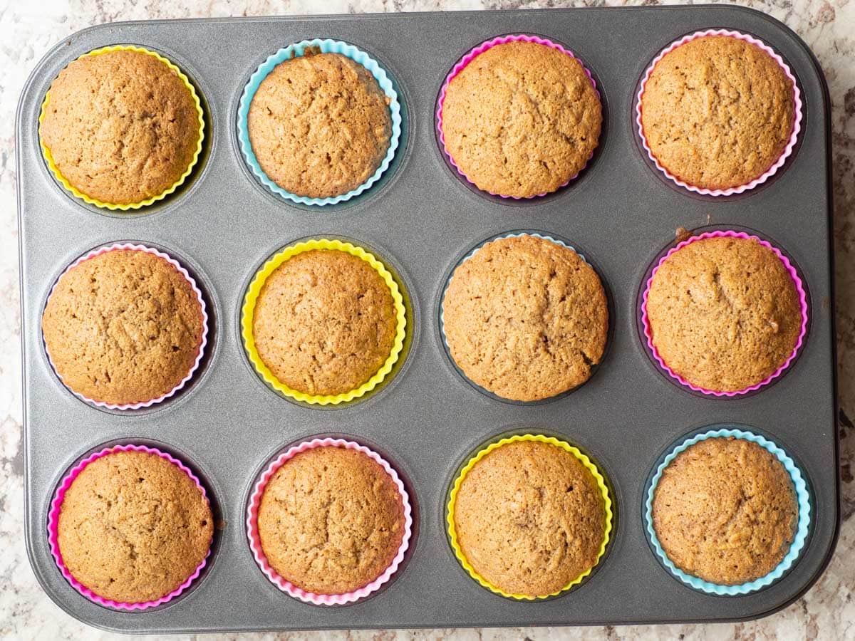 Baked cupcakes in a muffin tin.