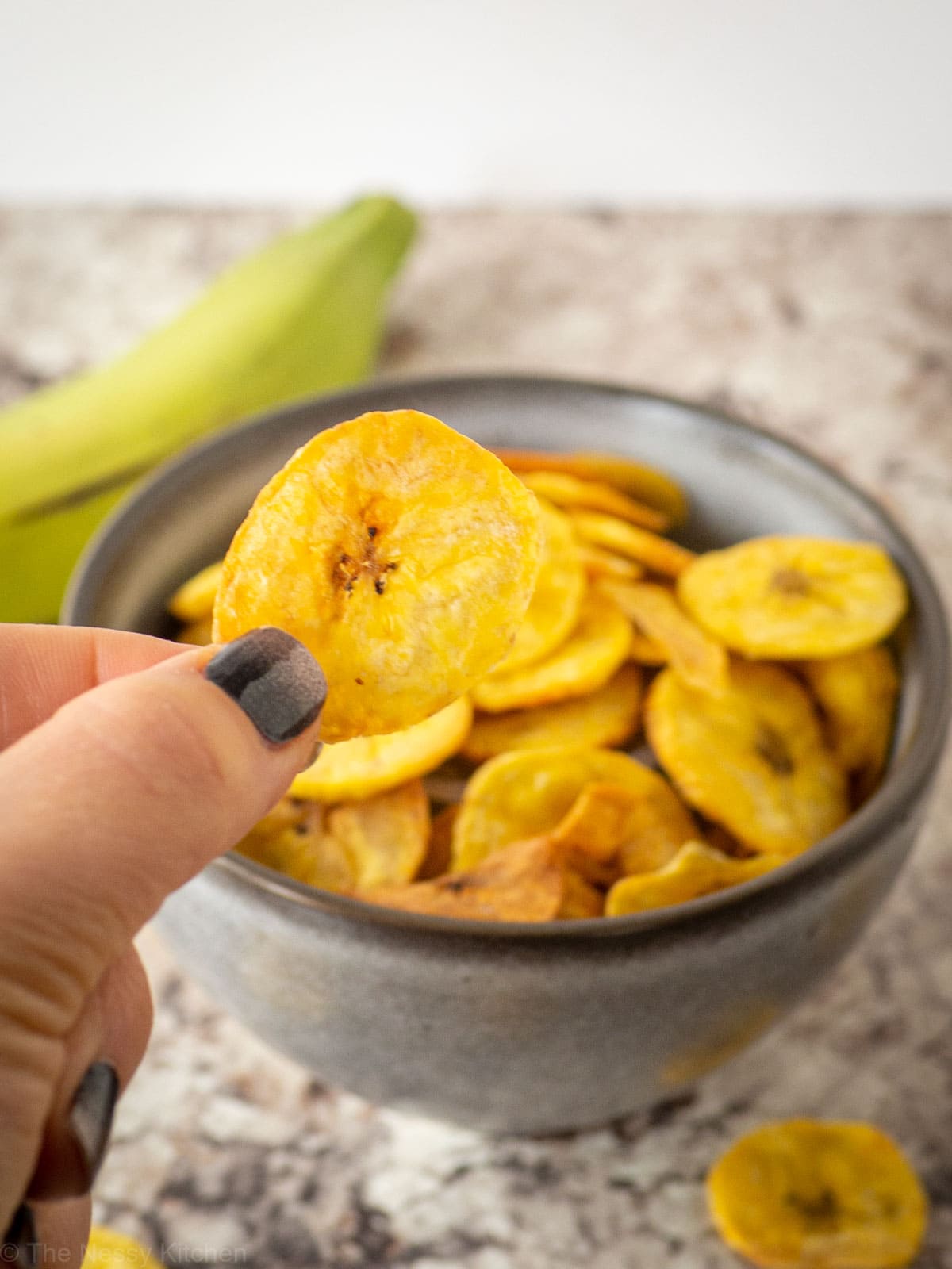 Hand holding a thinly cooked, sliced plantain chip.