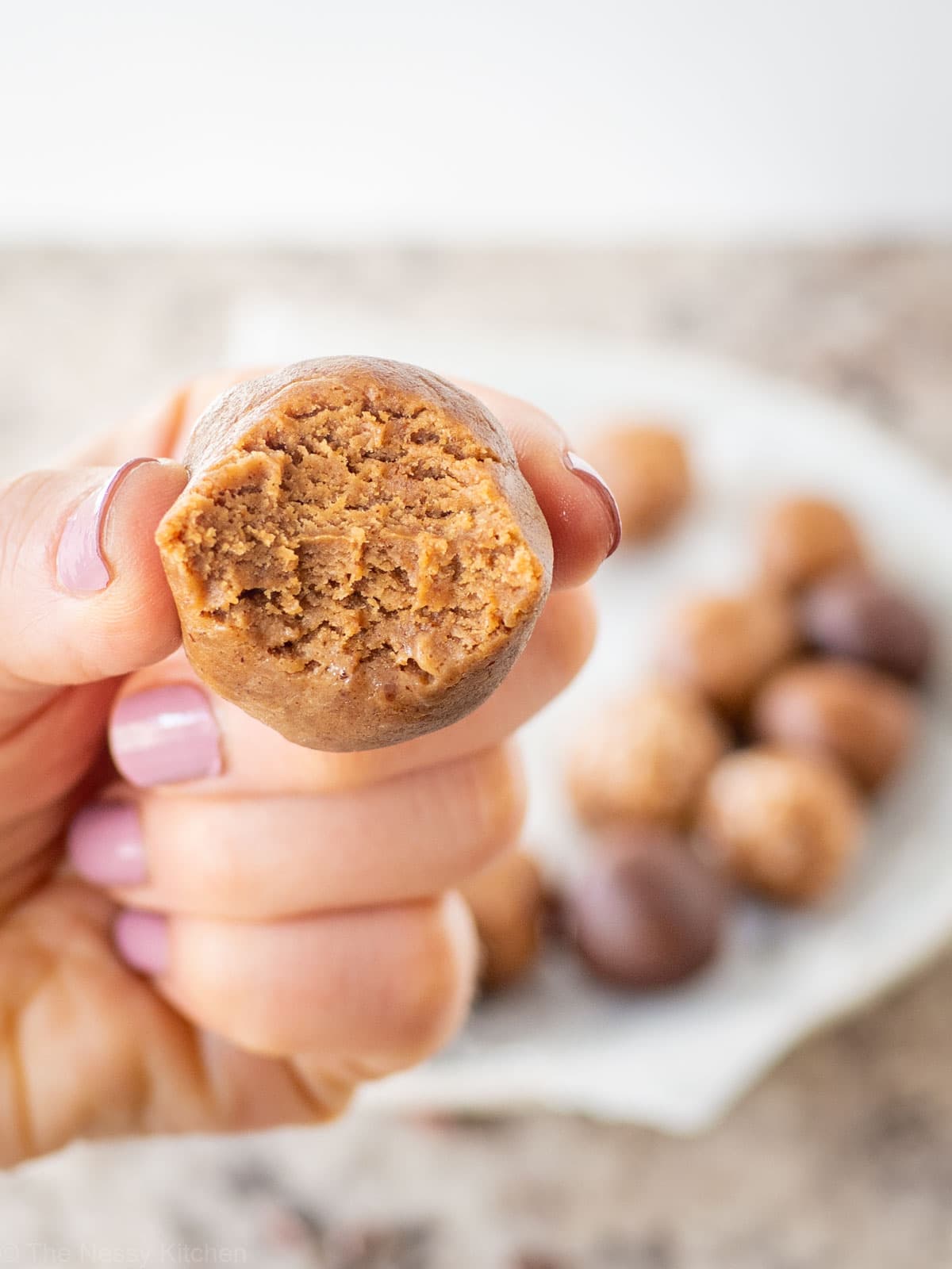 Hand holding a protein ball with a bite taken out.