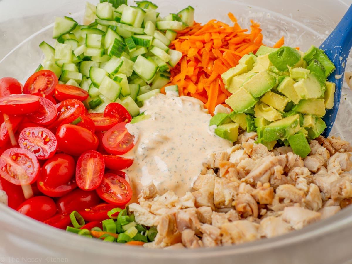 Ingredients for pasta salad in a large mixing bowl.