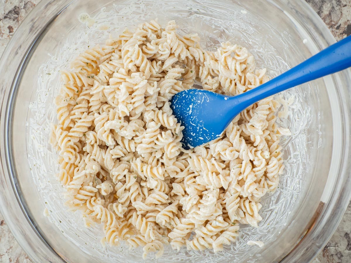 Pasta tossed with salad dressing.