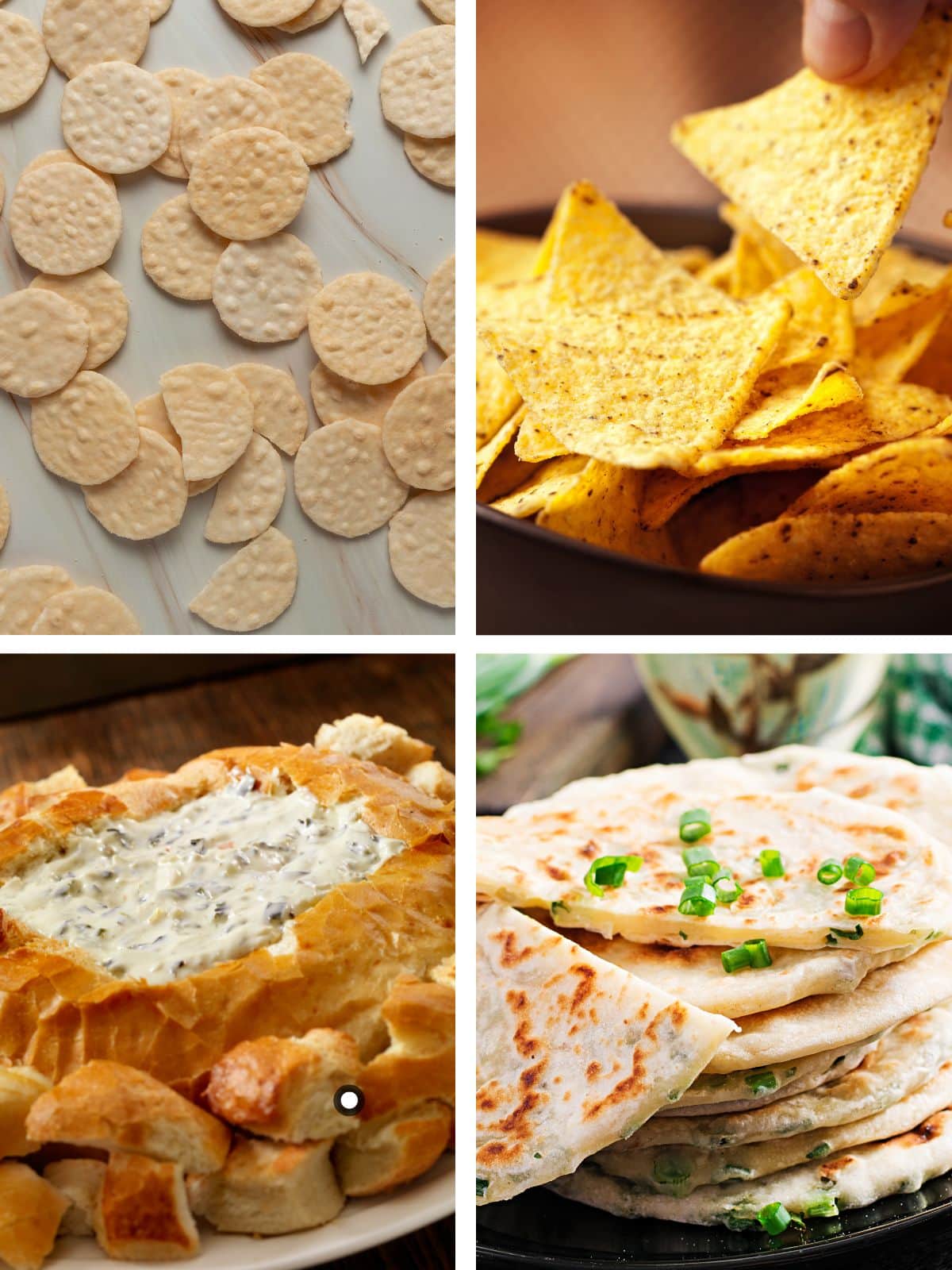 Collage of different dippers for Spinach Dip including rice crackers, tortilla chips and pita bread.