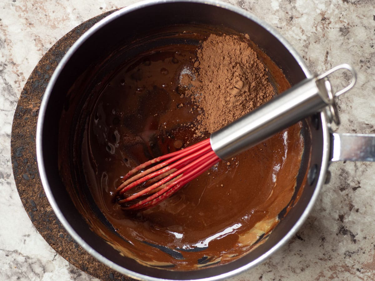 Cocoa and maple syrup added to the pot.