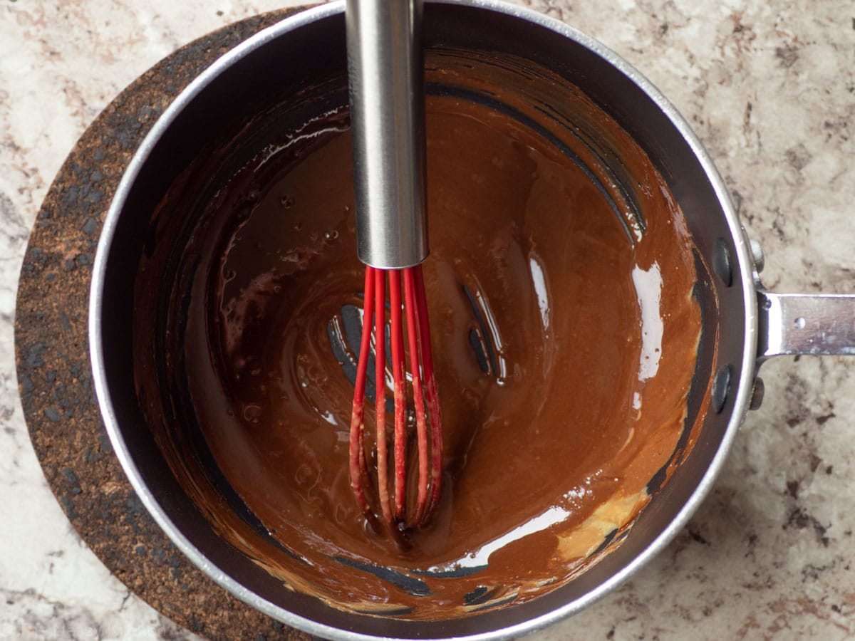 Melted chocolate in a saucepan.