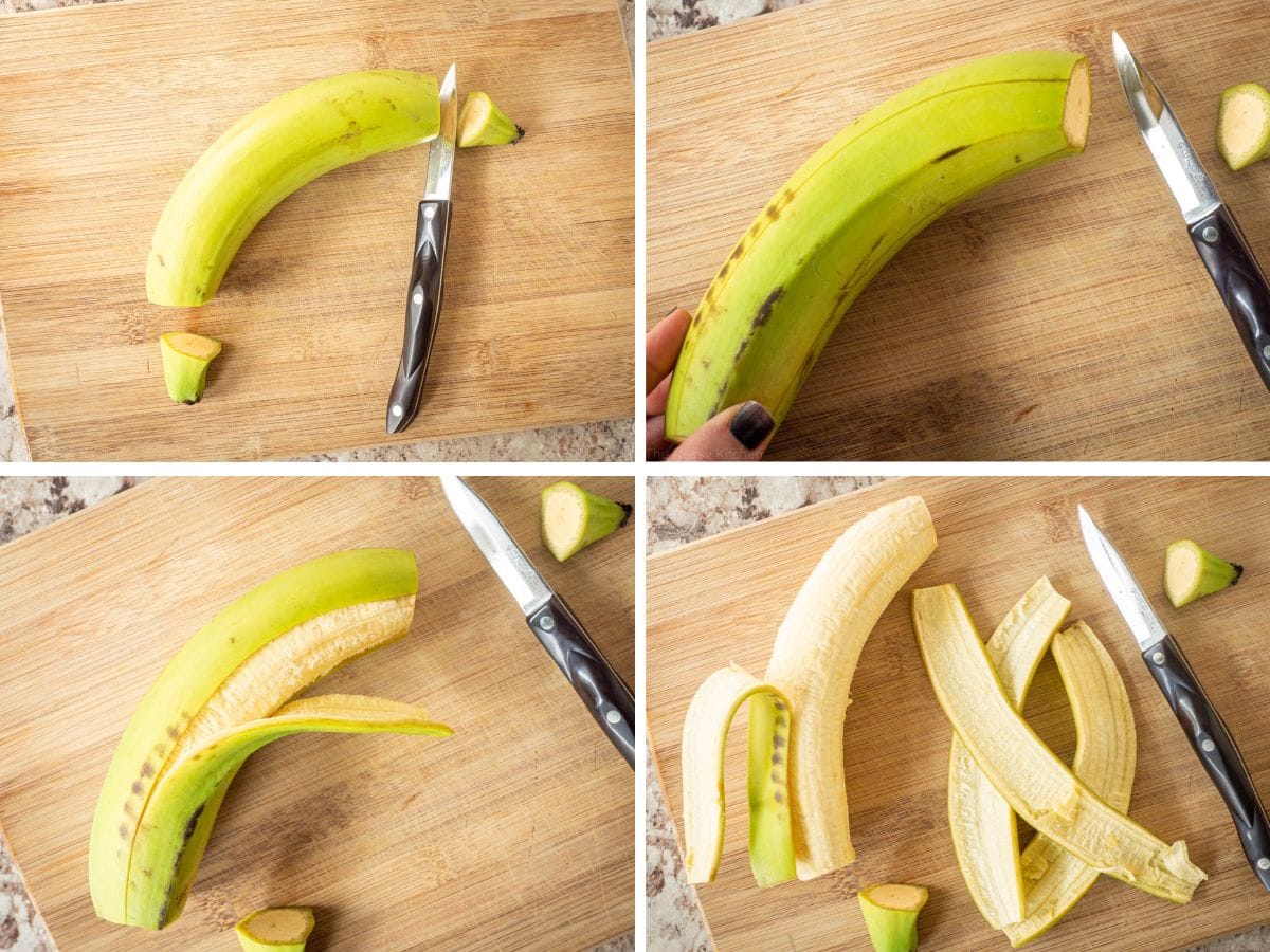 Green plantain peeled on a cutting board.