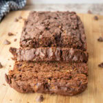 Chocolate zucchini bread on a cutting board.