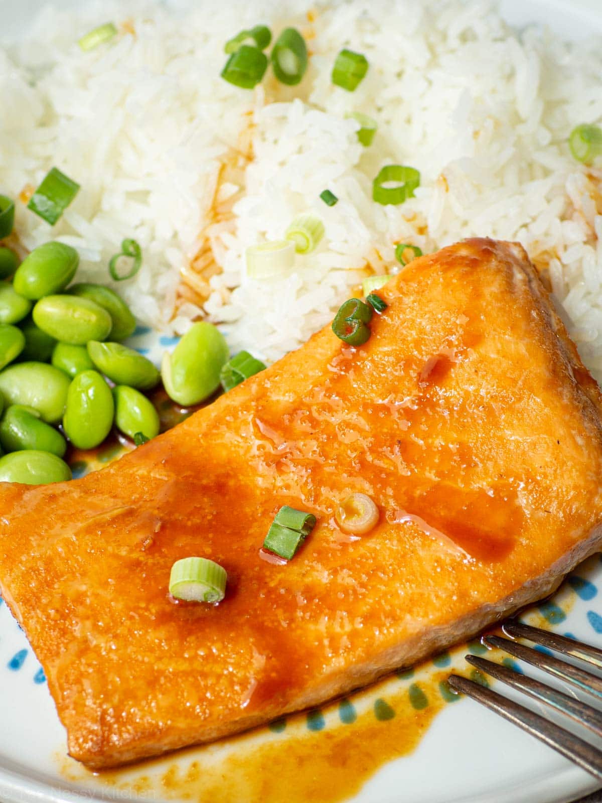 Honey teriyaki salmon on a plate.
