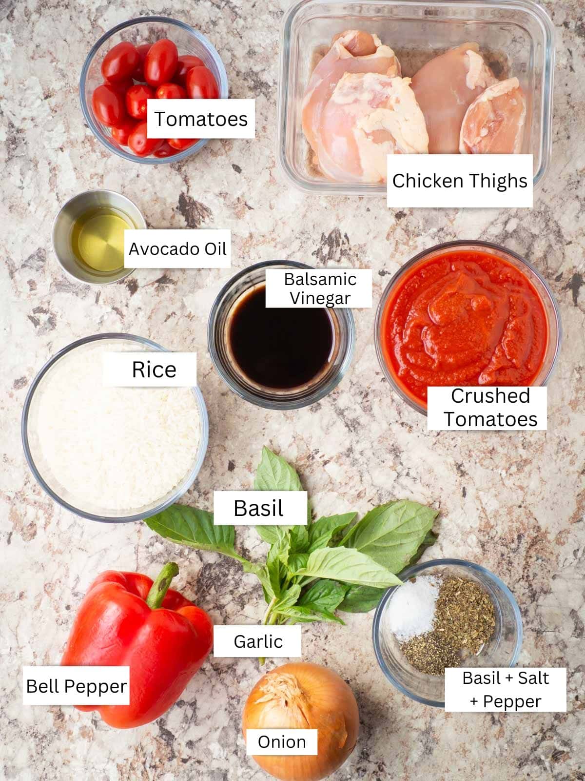 Ingredients for tomato basil chicken and rice skillet.