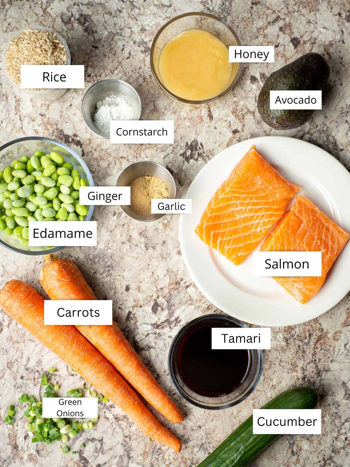 Ingredients for teriyaki salmon bowls.