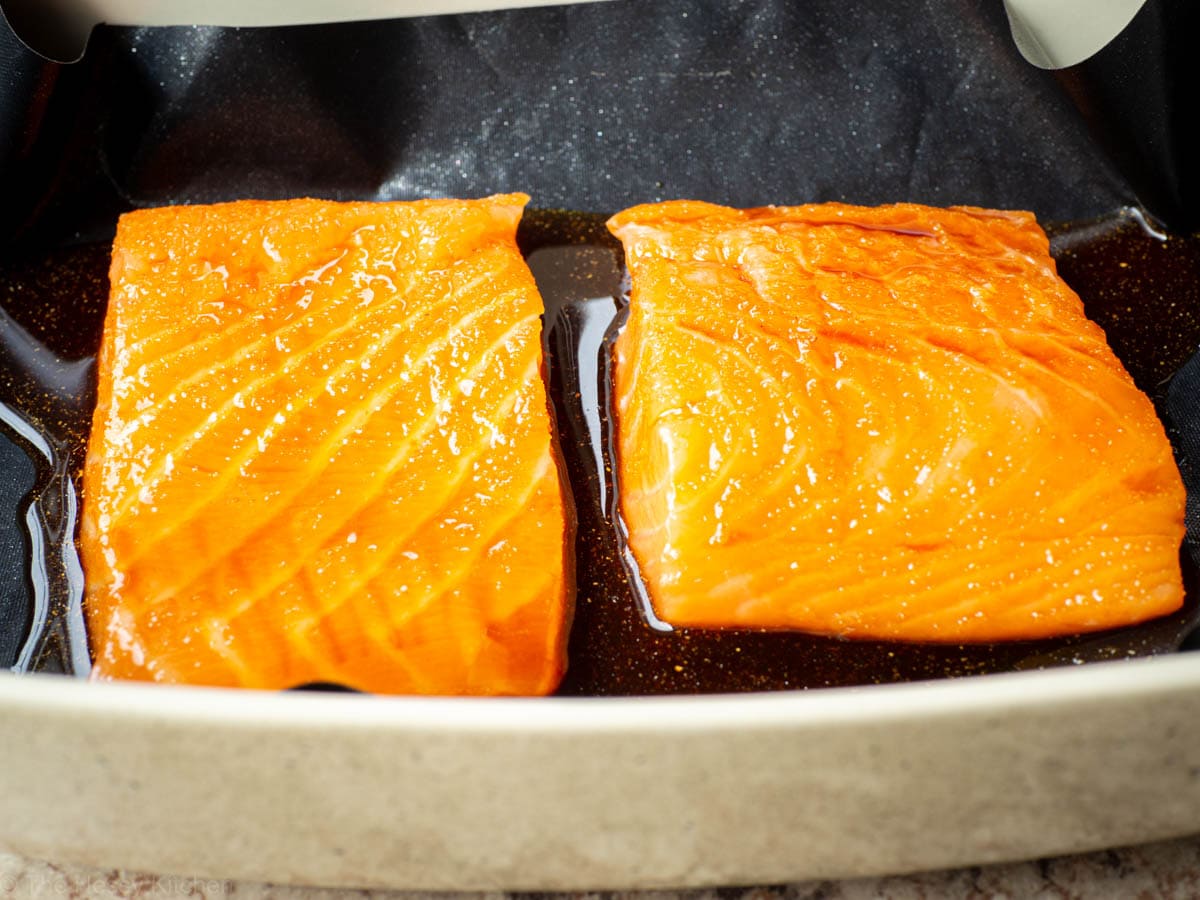 Salmon in a baking dish.