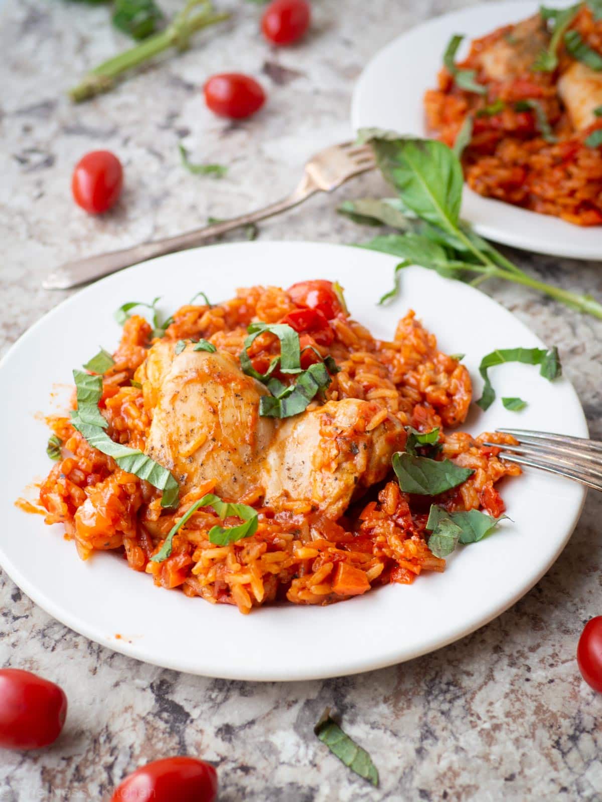 A plate with tomato basil rice and a chicken thigh.