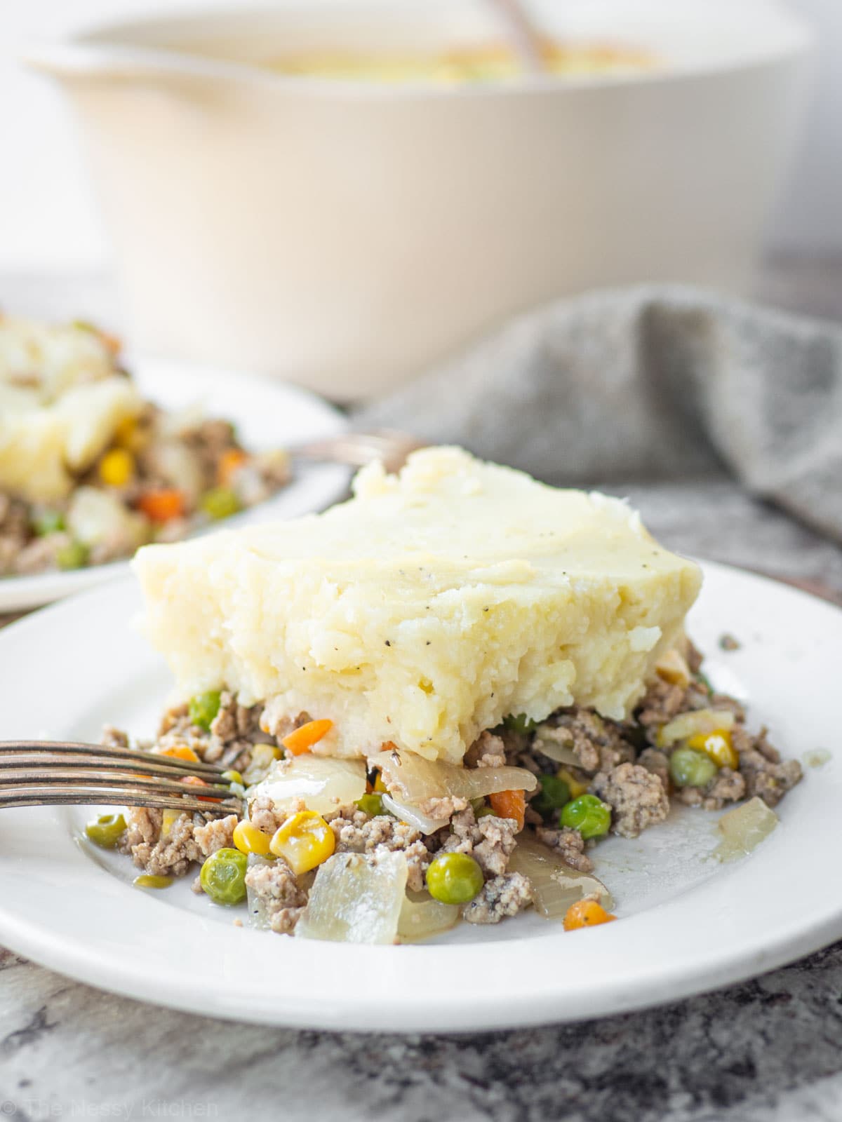 Turkey cottage pie dished out on plates with a baking dish in the background.