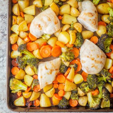 Sheet pan with chicken and vegetables.
