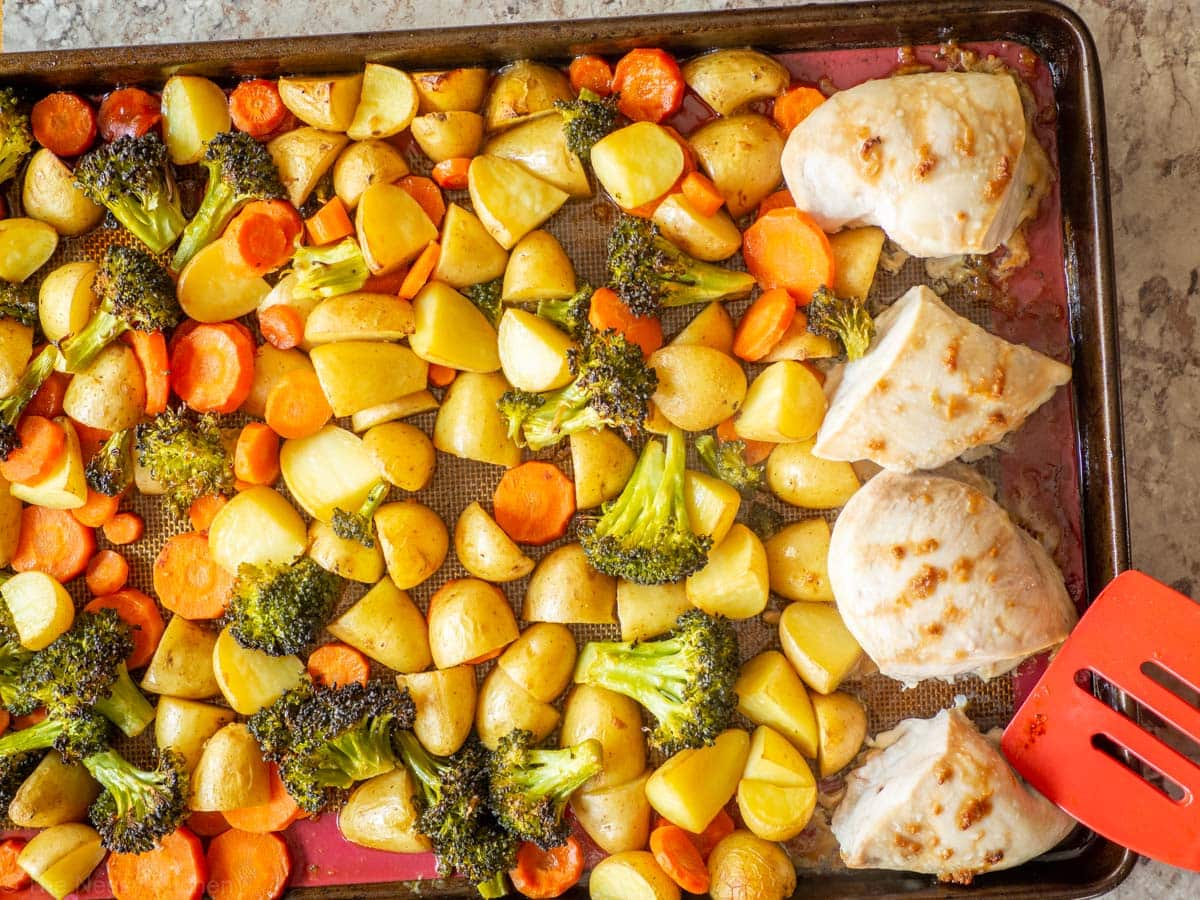 Cooked chicken and vegetables on a sheet pan.