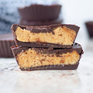 Peanut butter cup sliced in half.