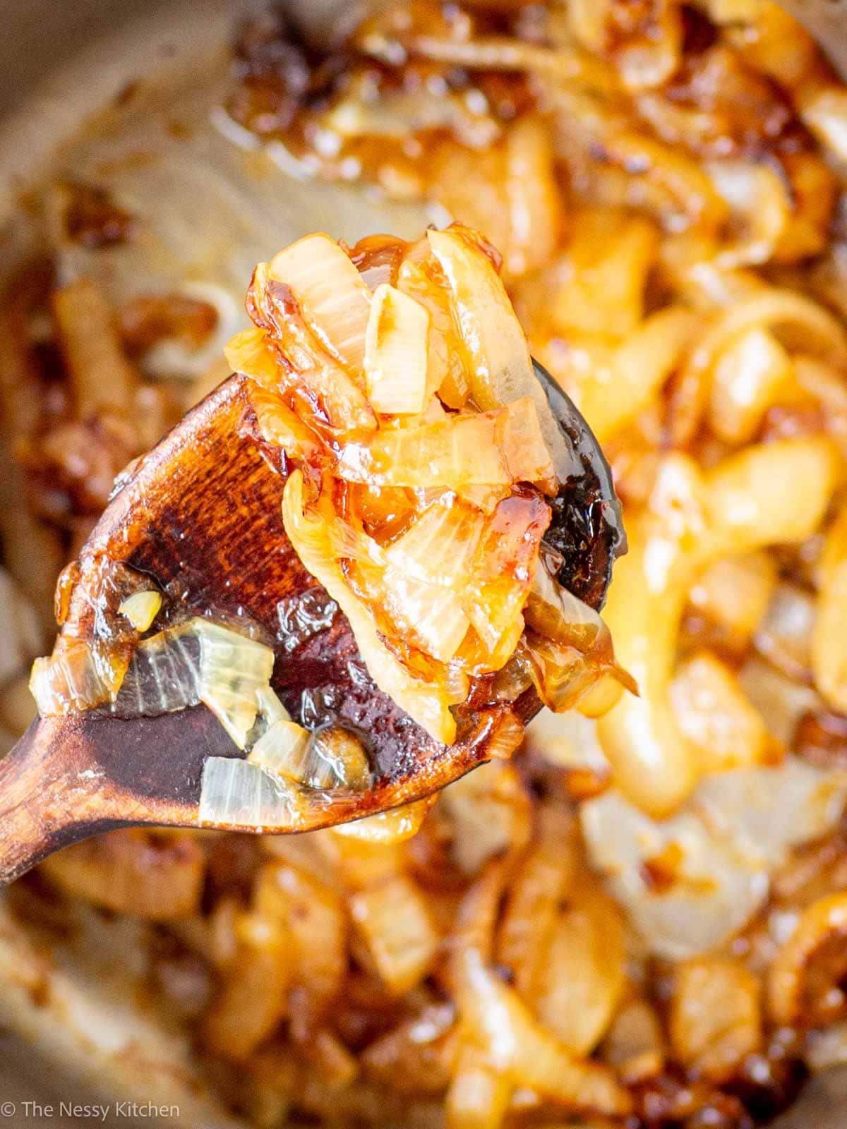 Spoon taking a scoop of caramelised onions.
