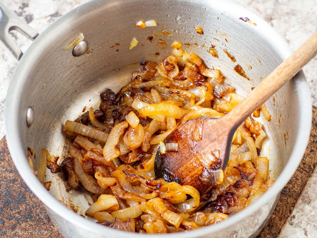 Caramelized onions in a saucepan.