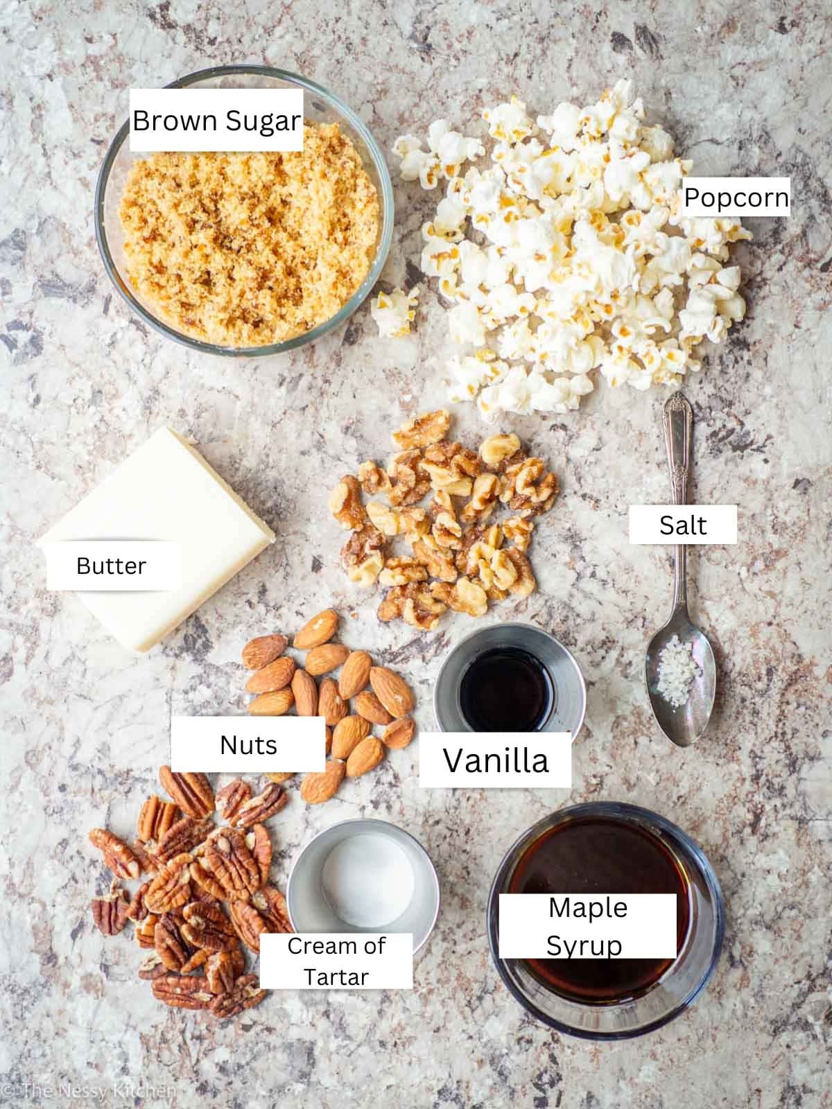Ingredients measured out for maple poppycock recipe.