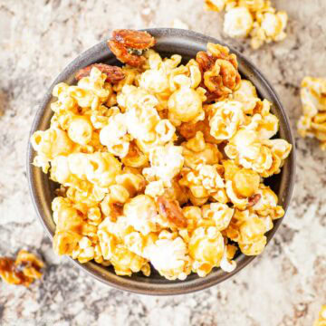 No bake caramel corn in a serving bowl.
