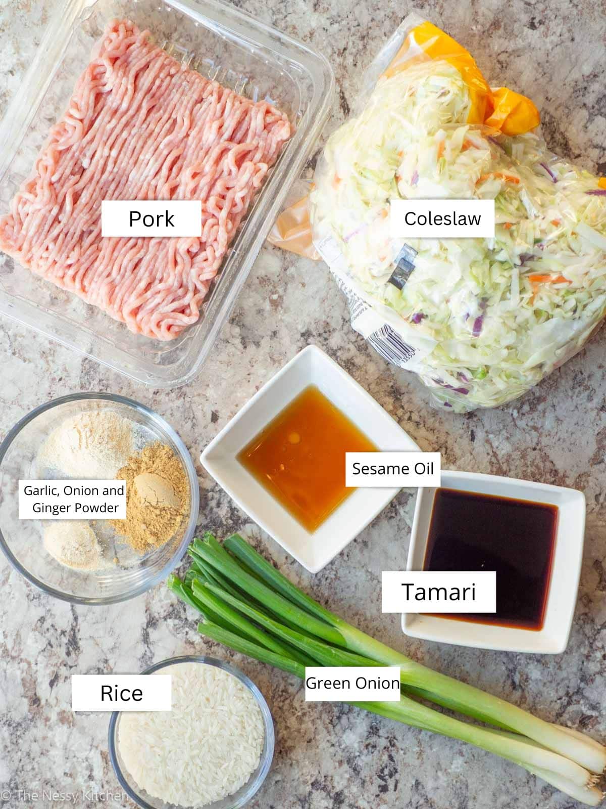 Ingredients measured out in bowls.