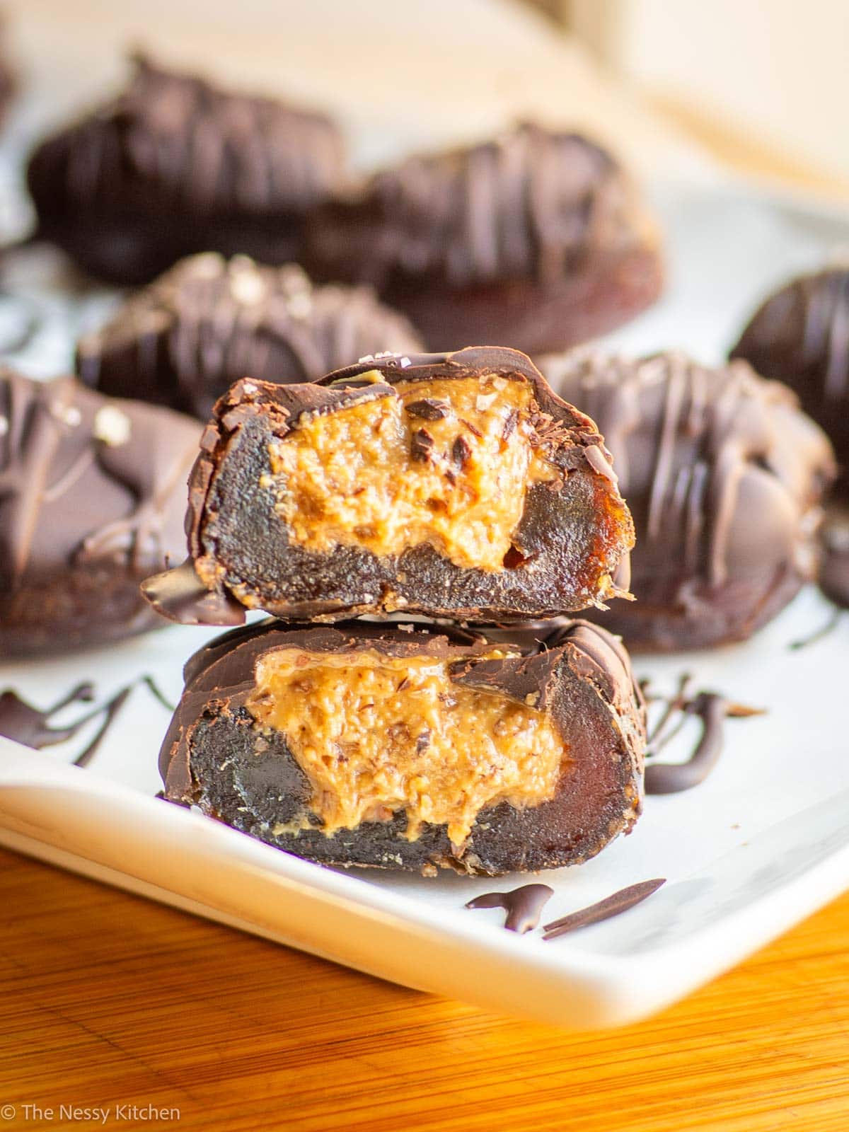 Stuffed date sliced in half.