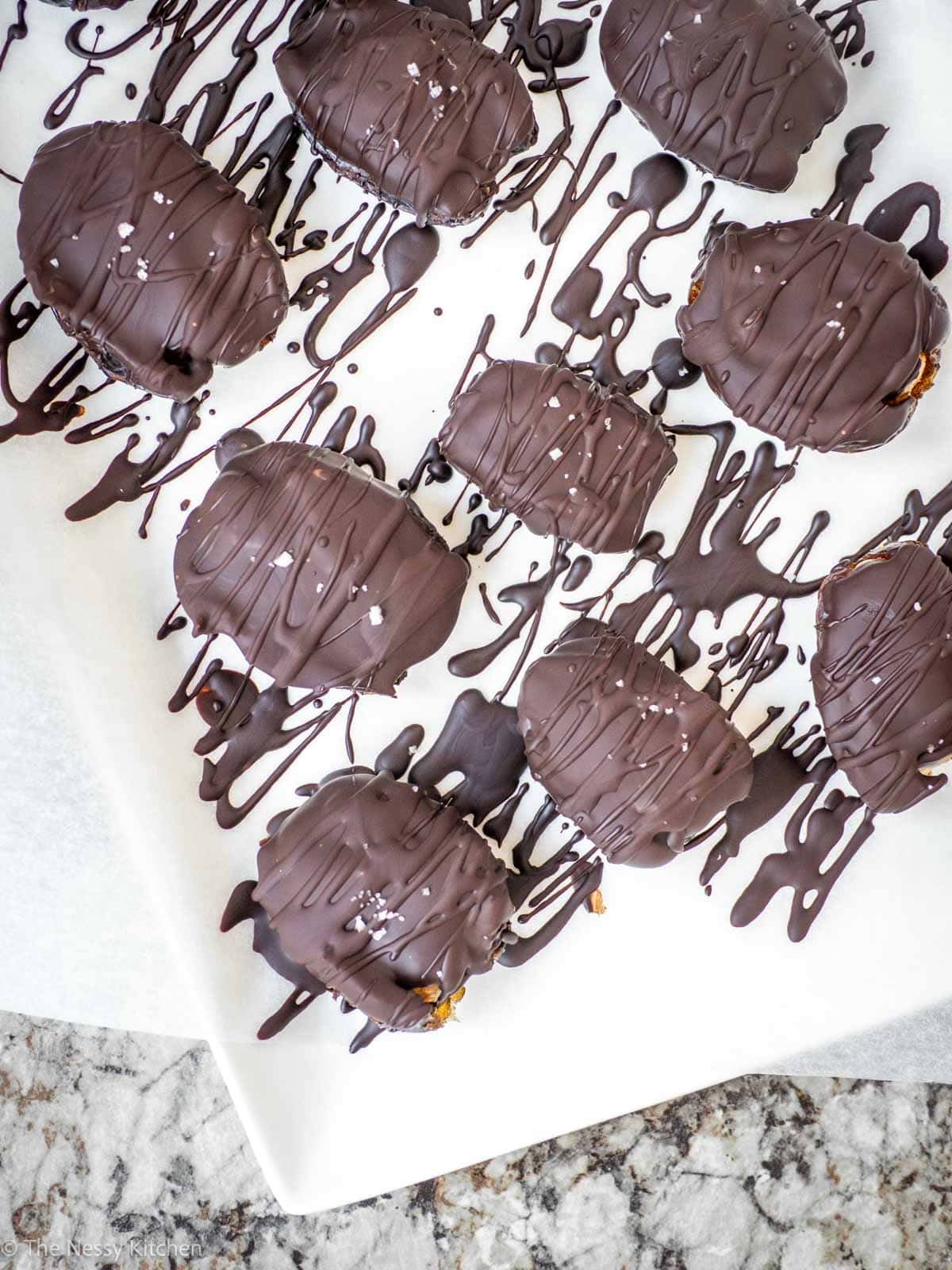 Plate of peanut butter chocolate dates.