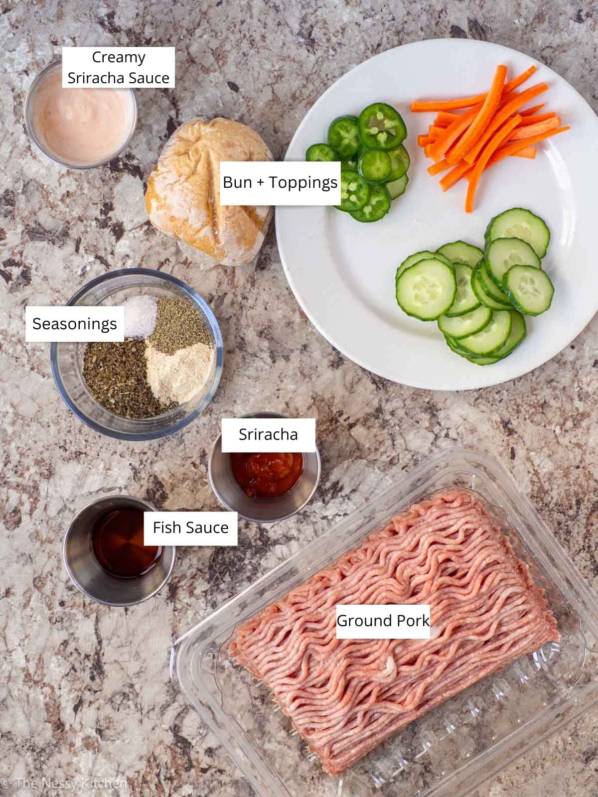 Ingredients measured out on a counter top.