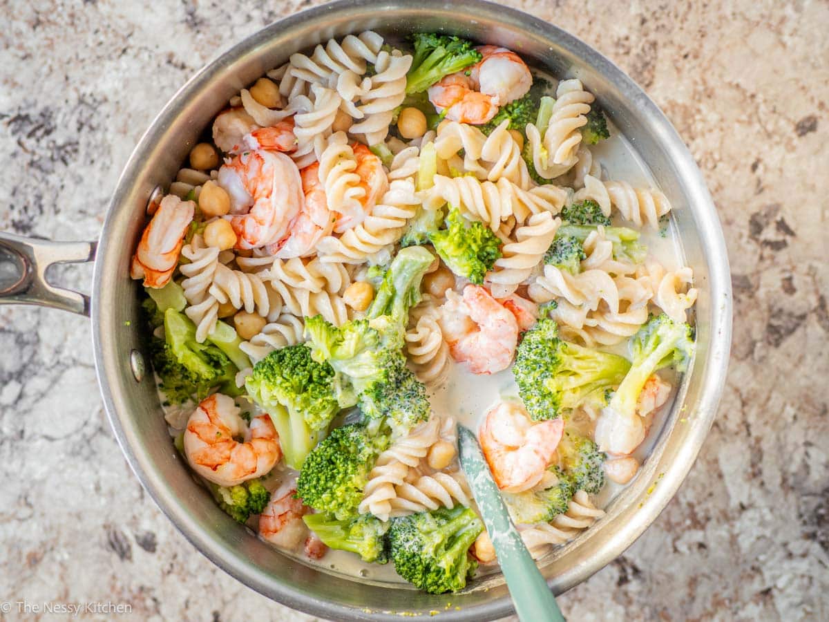 Sauce poured over pasta.