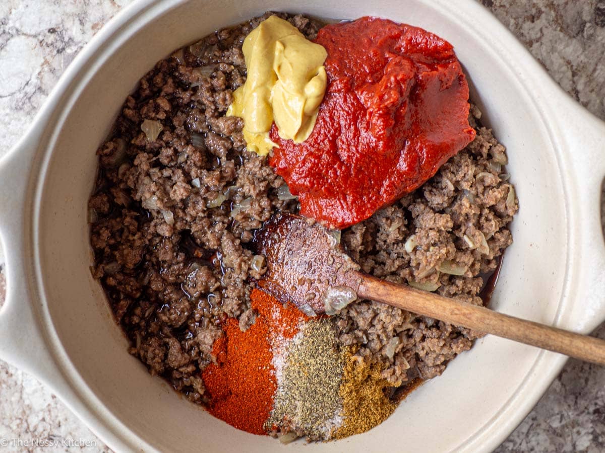Spices and sauces added to beef.