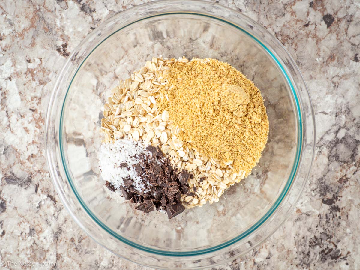 Dry ingredients in a mixing bowl.