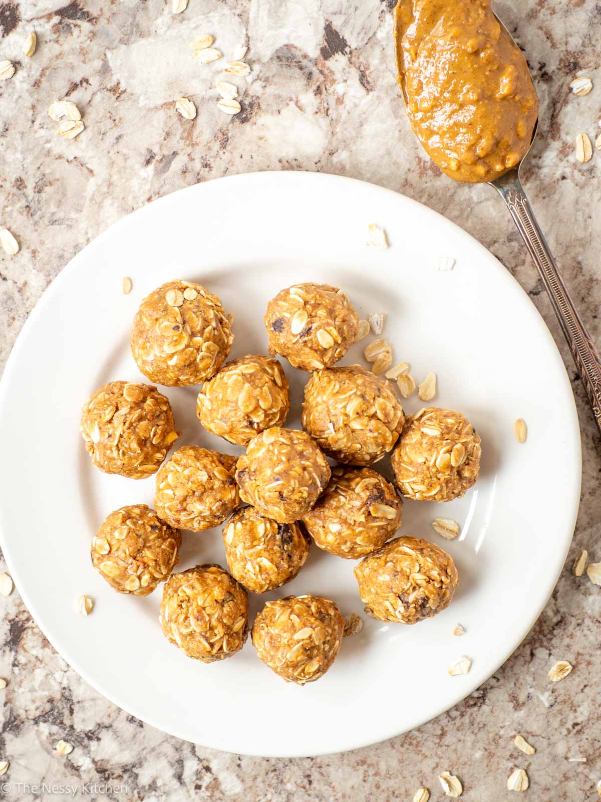 Plate of peanut butter oatmeal balls.